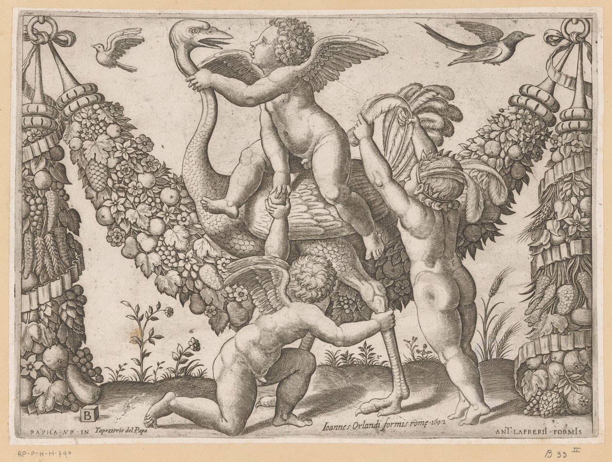 Tre putti og en struts Tapisserier av paven (serietittel) Tapezzerie de Papa (serietittel på objekt) av Meester van de Dobbelsteen