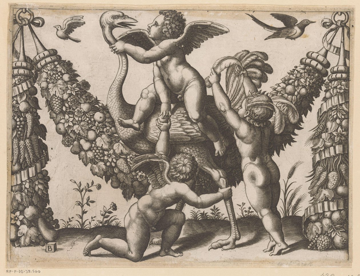 Tre putti og en struts Tapetries of the Pope (serietittel) Tapezzerie de Papa (serietittel) av Meester van de Dobbelsteen