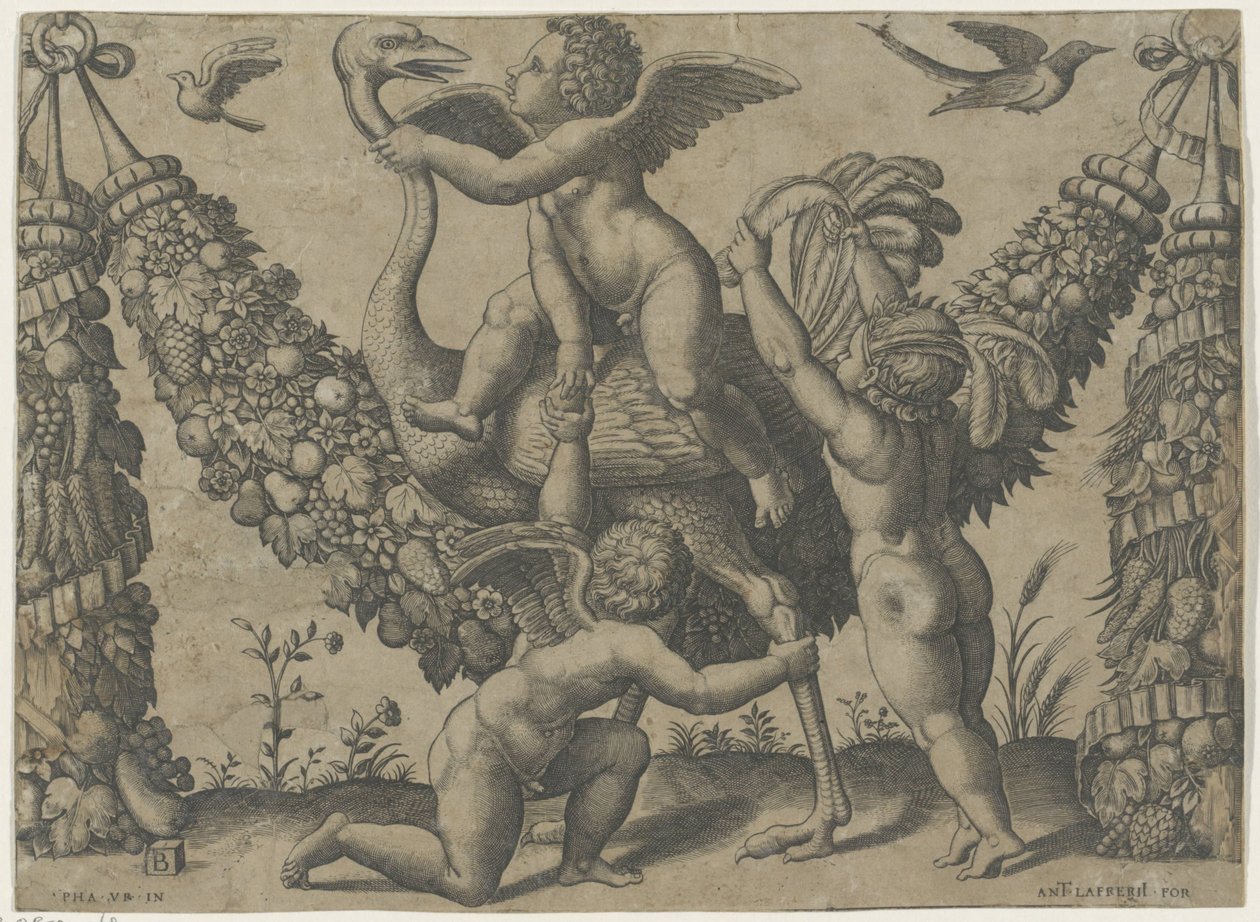Tre putti med en struts Tapestries of the Pope av Raphael (serietittel) av Meester van de Dobbelsteen