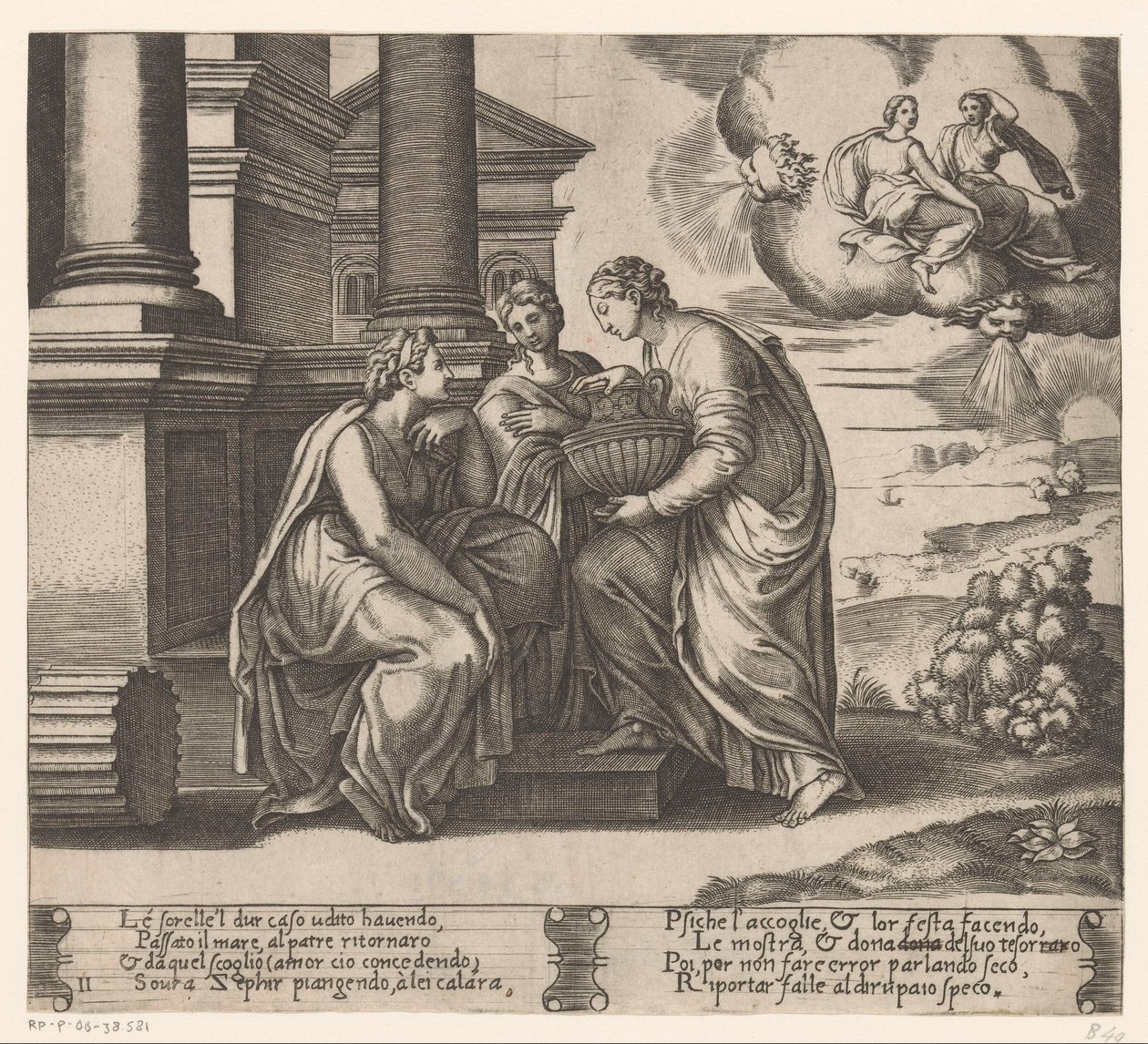 Psyche får besøk av søstrene sine Story of Amor and Psyche (serietittel) av Meester van de Dobbelsteen