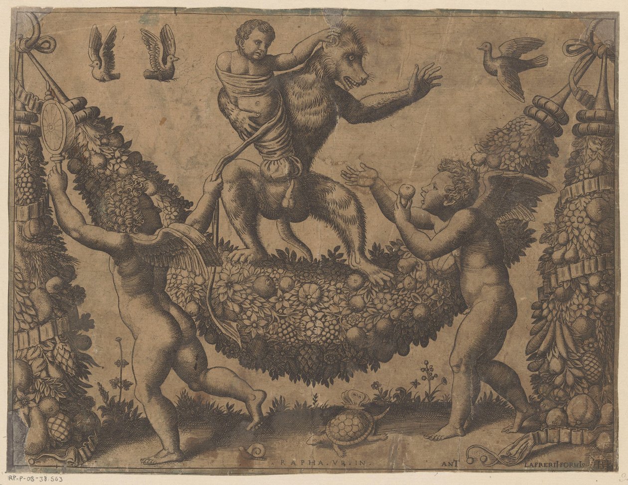 Putti håner en ape Tapestries of the Pope (serietittel) Tapezzerie de Papa (serietittel) av Meester van de Dobbelsteen