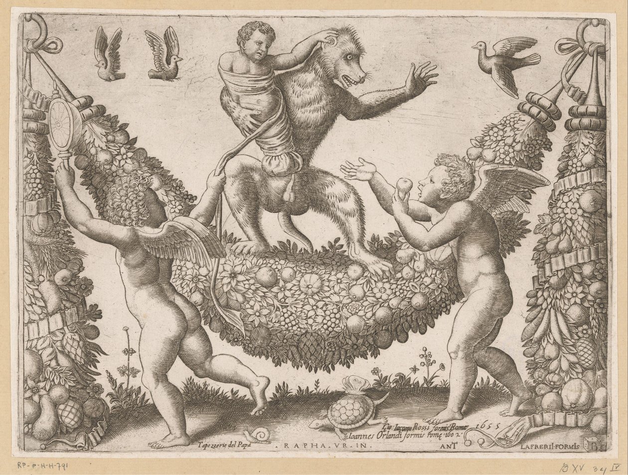 Putti håner en ape Tapetries of the Pope (serietittel) Tapezzerie de Papa (serietittel på objekt) av Meester van de Dobbelsteen