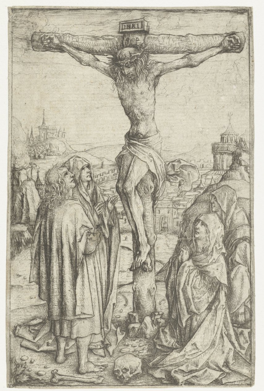 Korsfestelsen med Maria og St. Johannes og to hellige kvinner av Meester van het Amsterdamse Kabinet