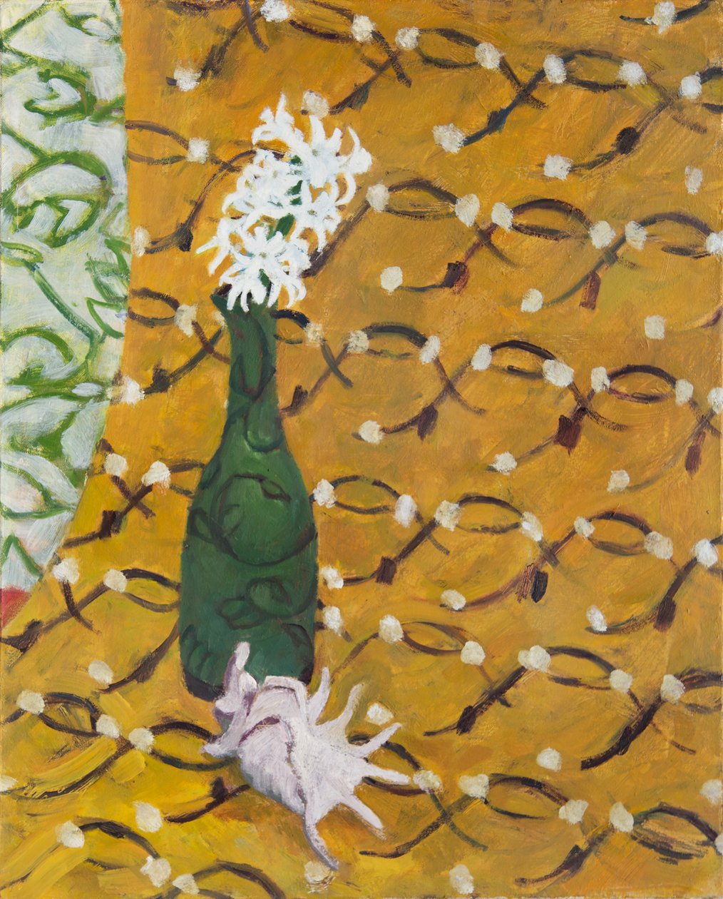 Skjell med blomster og tre mønstre, 2019 (olje på lerret) av Megan Williamson