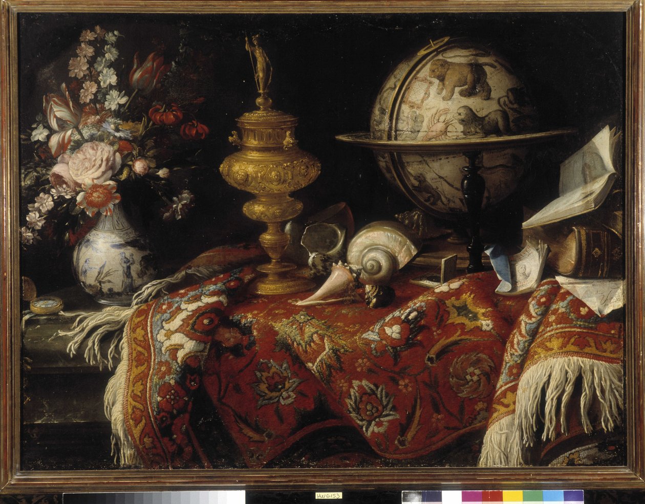 Vase med blomster, astral globus, bøker og gullverk på et teppe. Maleri av Meiffren Conte (eller greve) (1630-1705) Obligatorisk omtale: Collection fondation regards de Provence, Marseille (cm 92x121) av Meiffren (c.1630 1705) Conte
