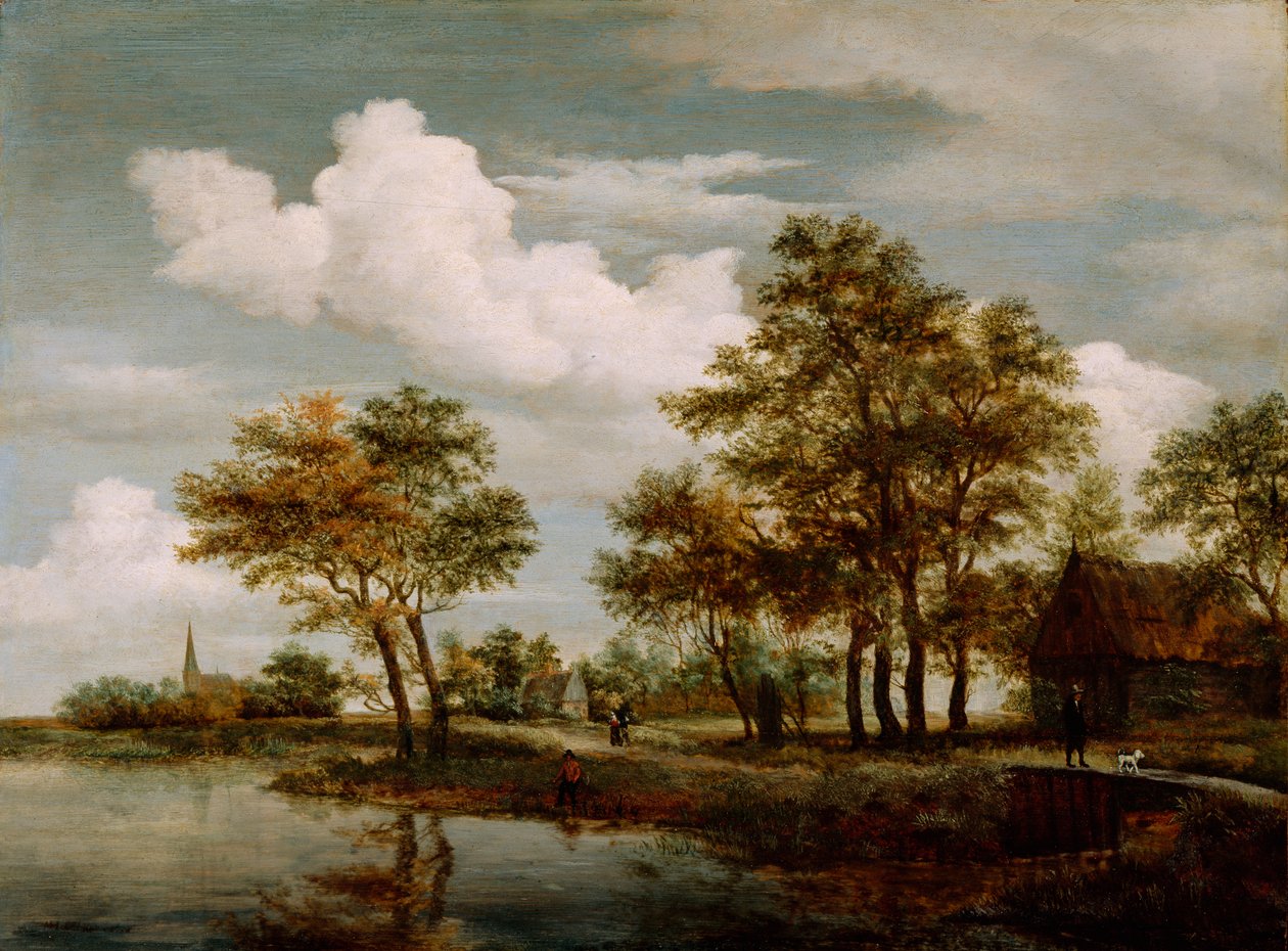 A River Scene, 1658 (olje på eikepanel) av Meindert Hobbema