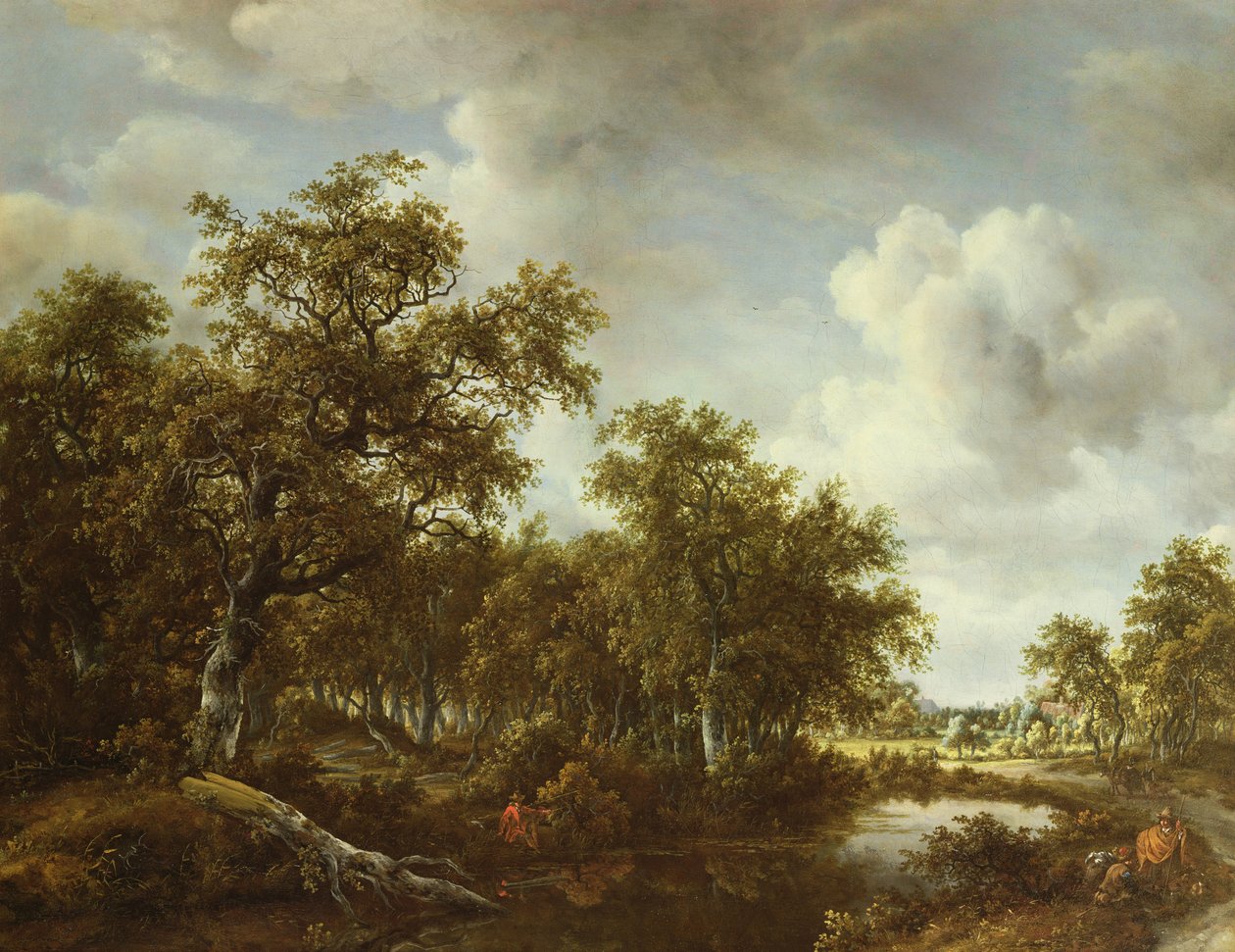 Et skogkledd landskap med en fisker ved en dam, 1664 av Meindert Hobbema