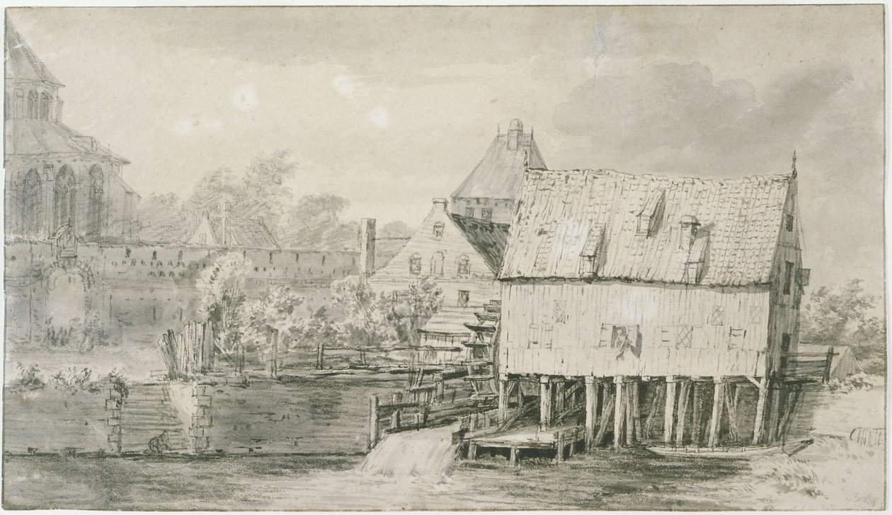 Den såkalte Bergkerk og vannmøllen i Deventer (Lugt 43) av Meindert Hobbema
