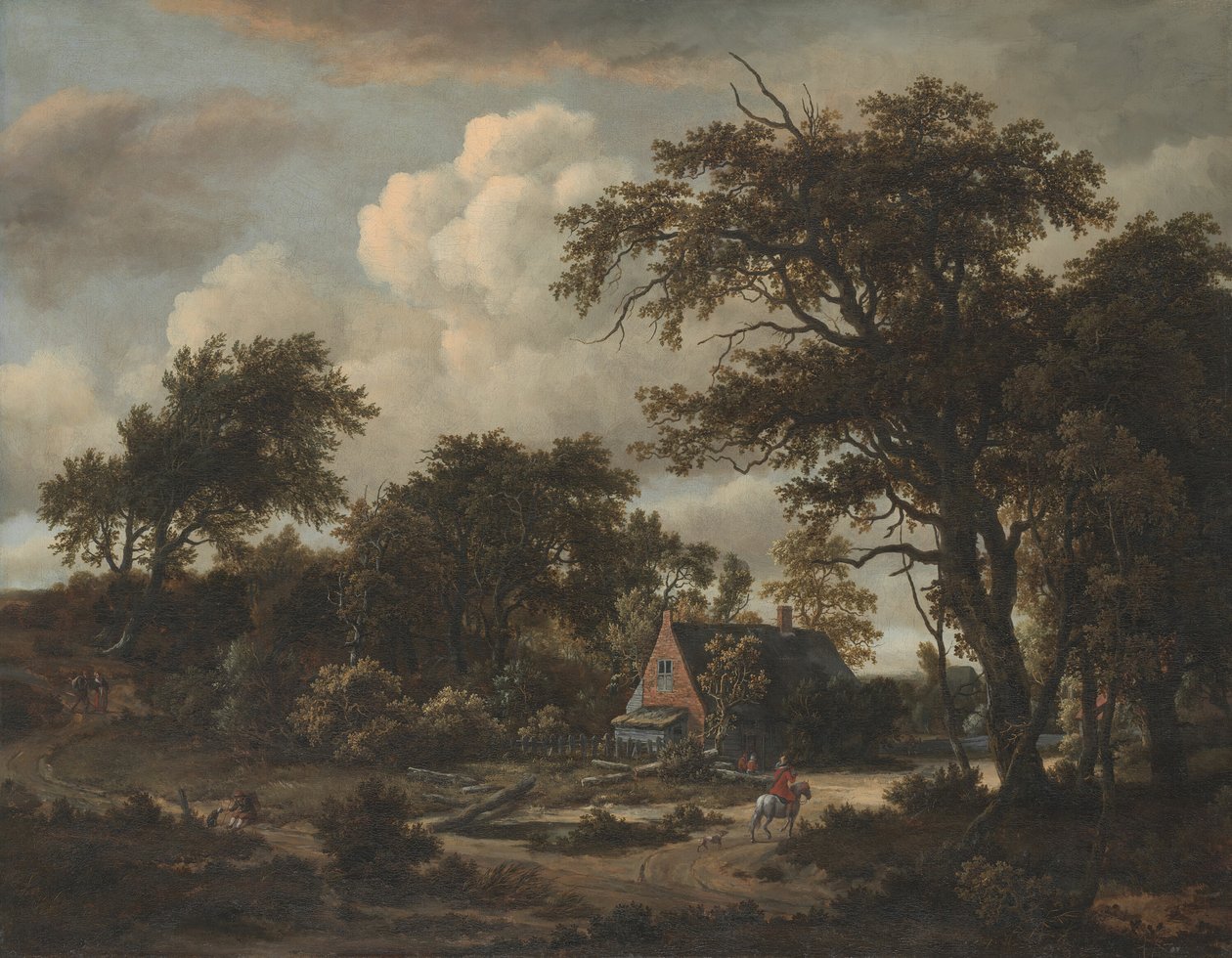 Skoglandskap med hytte og rytter, 1663. av Meindert Hobbema