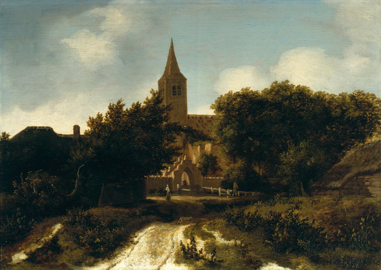 Skoglandskap med figurer nær en kirke, ca. 1660 av Meindert Hobbema