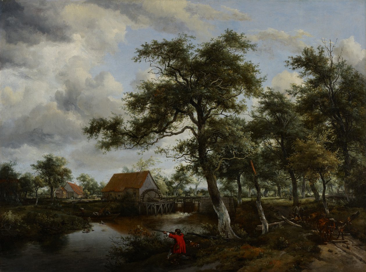 Skoglandskap med vannmølle, ca. 1665 av Meindert Hobbema