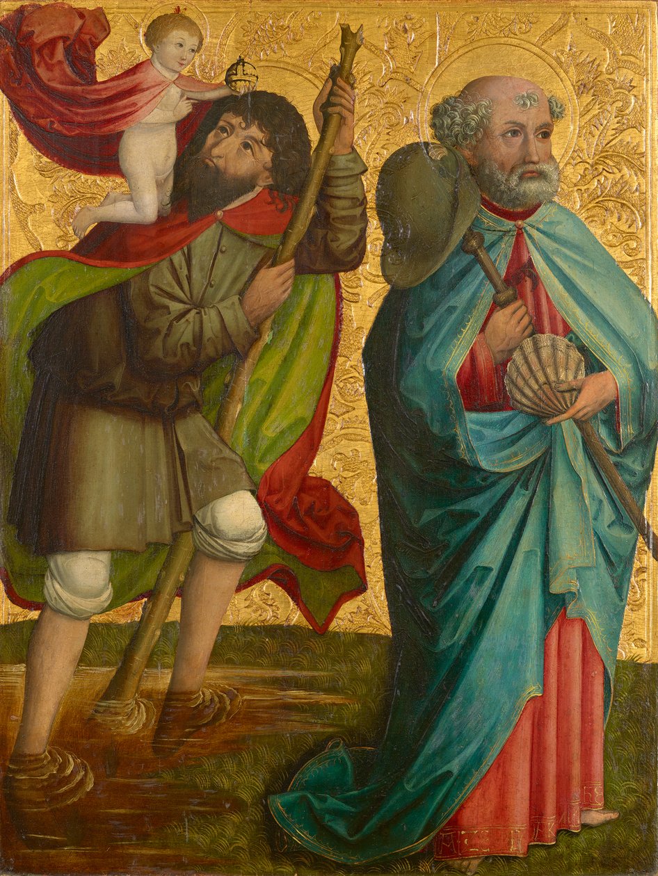 Venstre fløy av den såkalte Pretschlaipfer-triptyken: St. Christophorus og Jakobus Major (inne); Kunngjøring til Mary (utenfor) av Meister von Großgmain (Werkstatt)