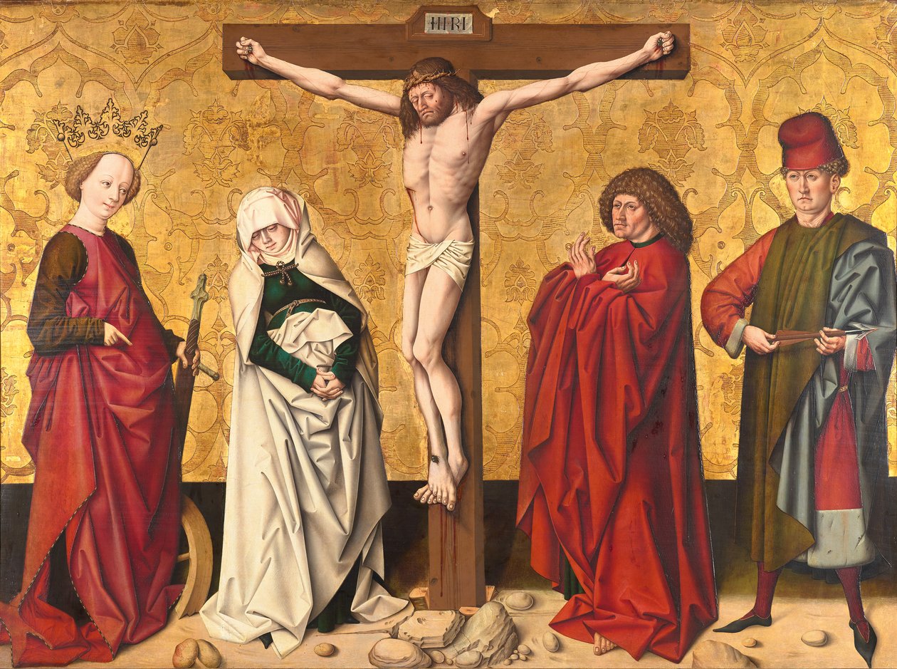 Kristus på korset mellom St. Mary og John, Catherine og Sebastian av Meister von Großgmain