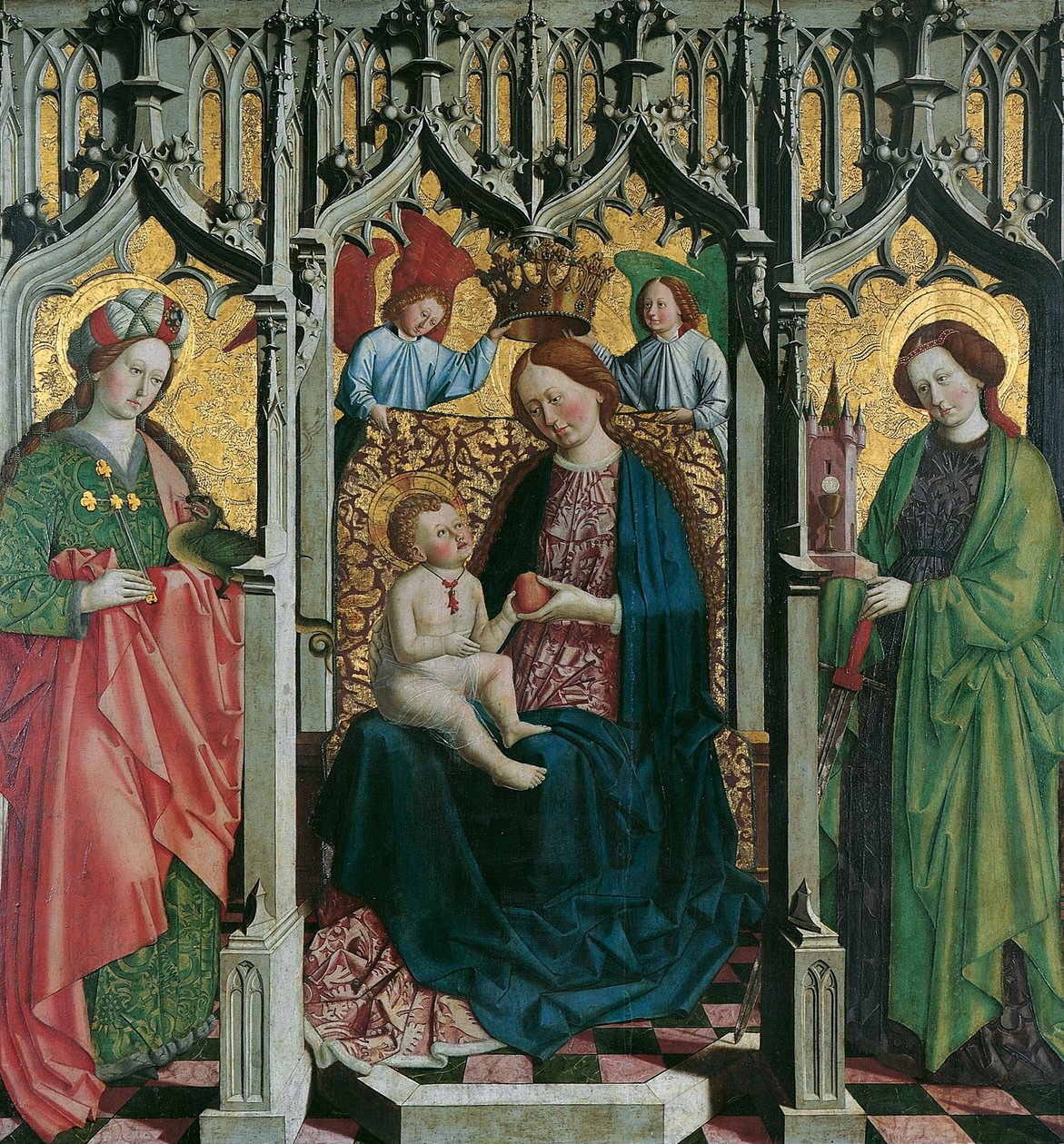 Tronet Mary med St. Margarethe og Barbara (forside); Man of Sorrows i rankepynt (bakside) av Meister von Uttenheim