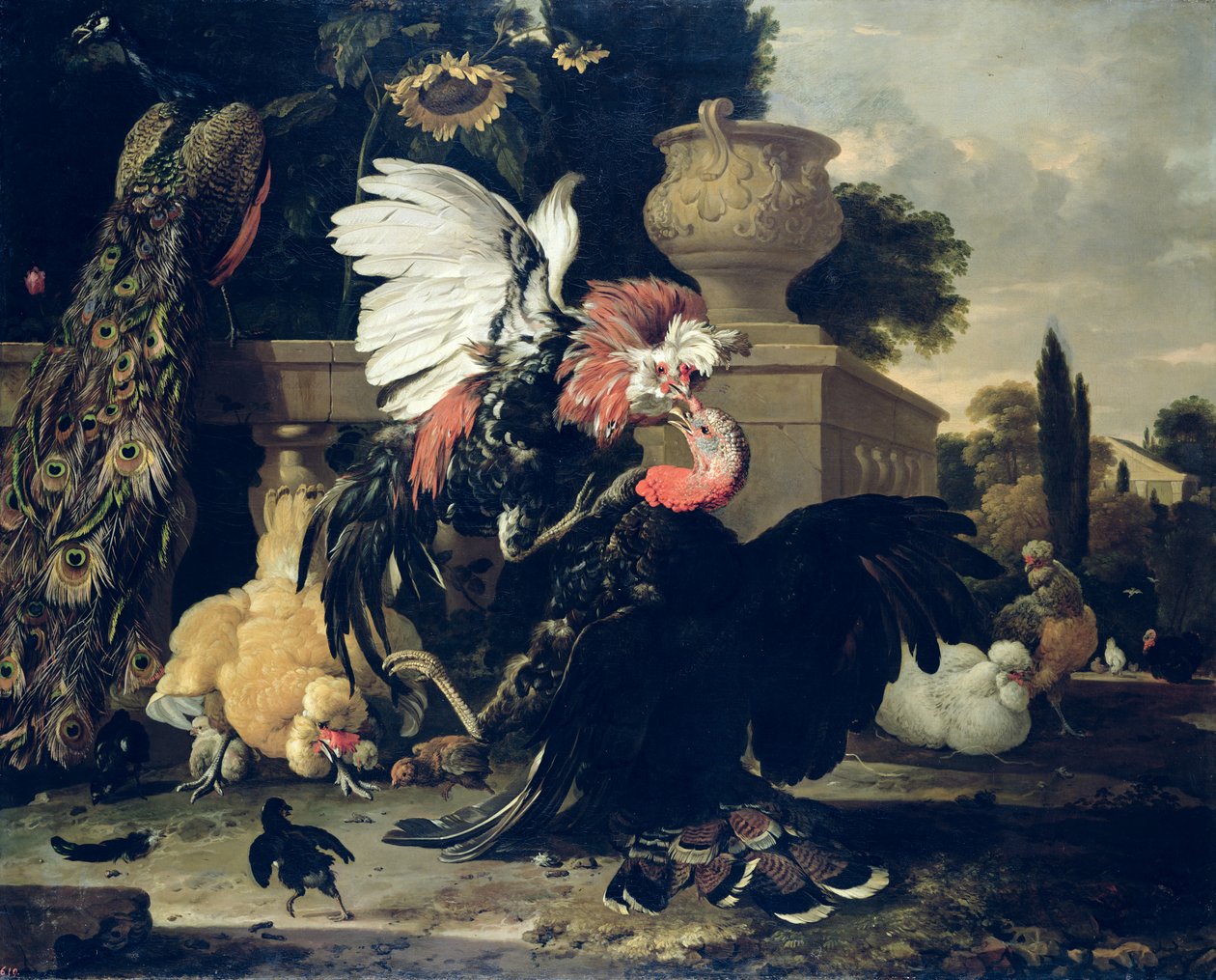 Kamp mellom en hane og en Tyrkia, 1668 av Melchior de Hondecoeter