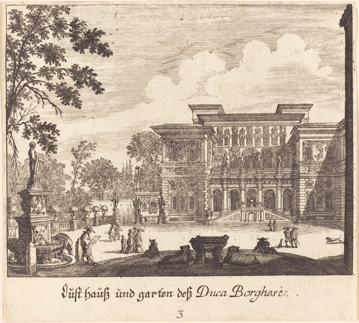 Borghese palass og hager av Melchior Küsel after Johann Wilhelm Baur