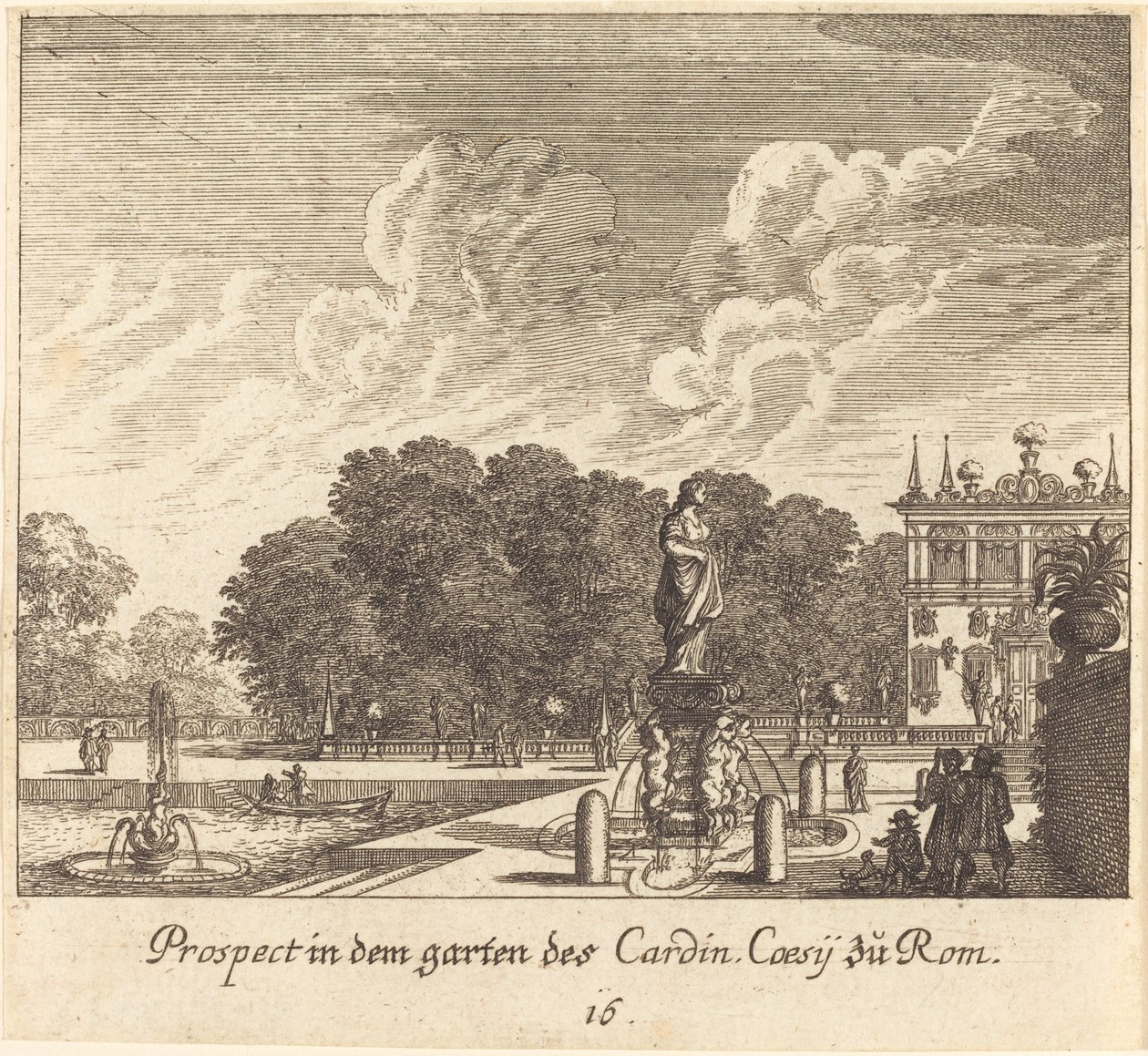 Gardens of Cardinal Coessi, Roma av Melchior Küsel after Johann Wilhelm Baur