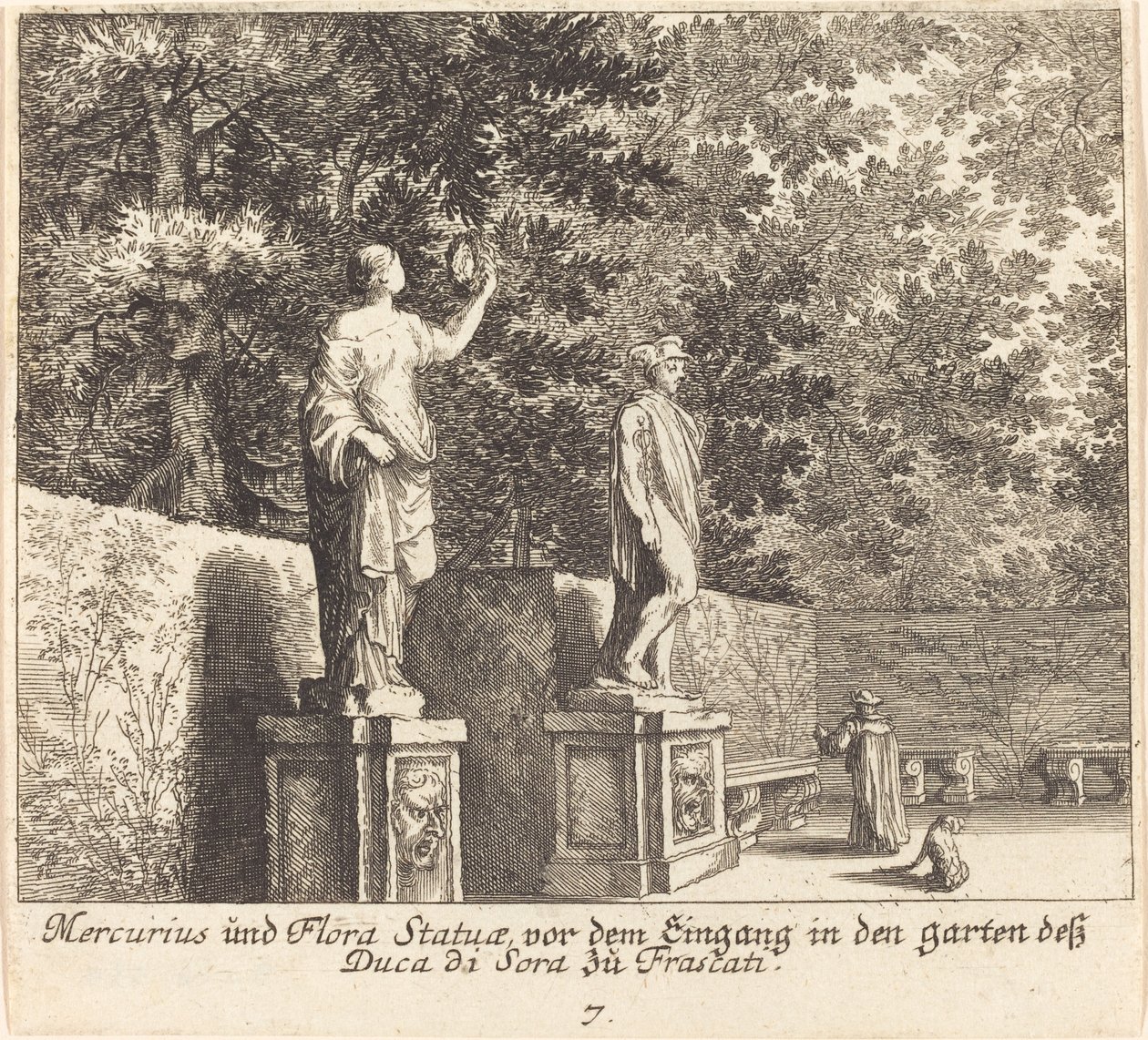 Statuer av Mercury and Flora, Gardens of Dukedi Sora, Frascati av Melchior Küsel after Johann Wilhelm Baur