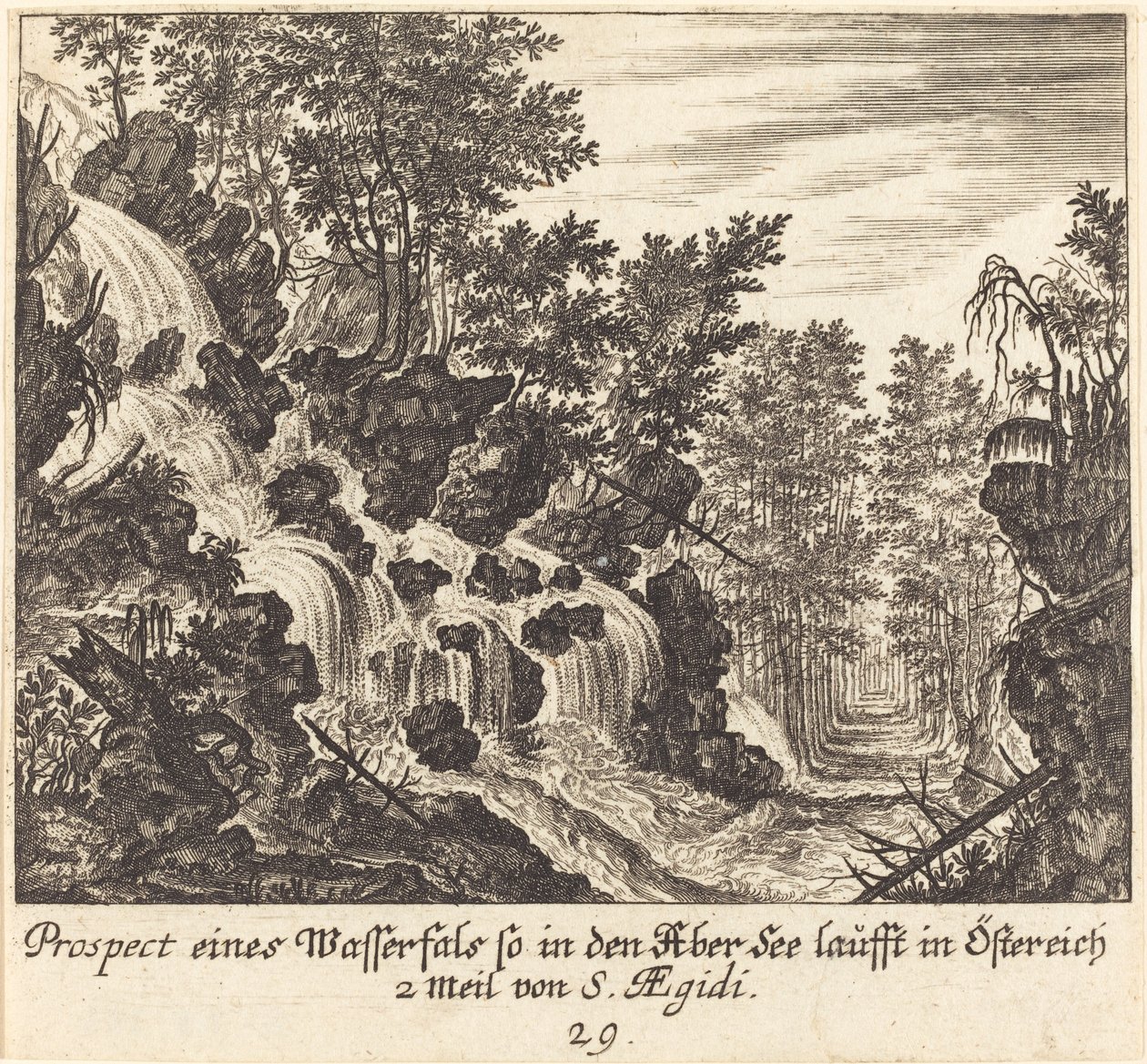 Utsikt over en foss, Østerrike av Melchior Küsel after Johann Wilhelm Baur