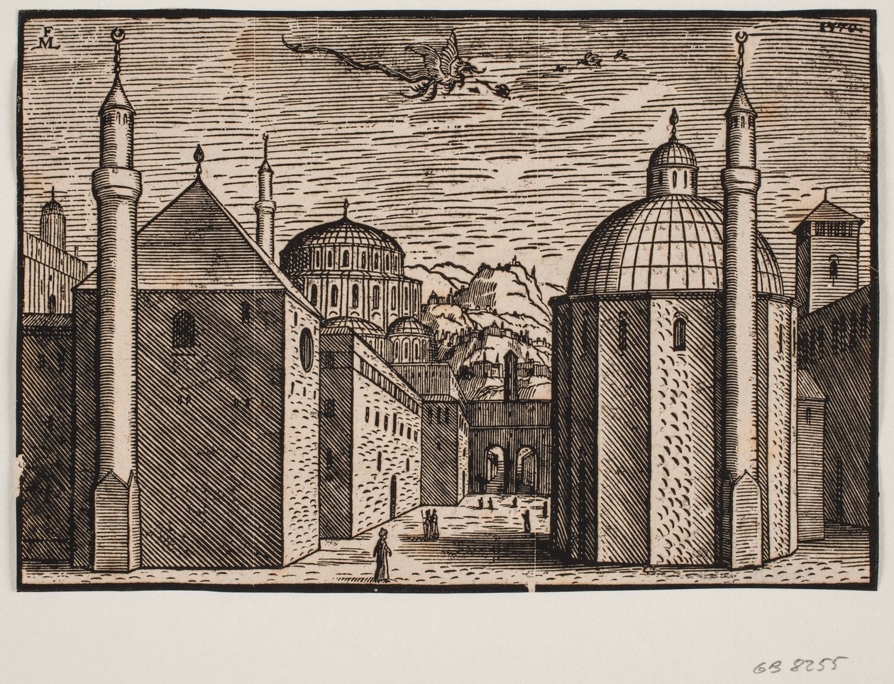 3 moskeer, hver med 1 minaret; på himmelen en flygende drage med lang hale av Melchior Lorck