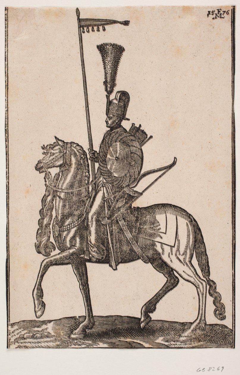 Montert soldat, profil til v.; lanse med vimpel, bue ved siden, sirkulært skjold, kogger; hodeplagg med fjærbusk av Melchior Lorck