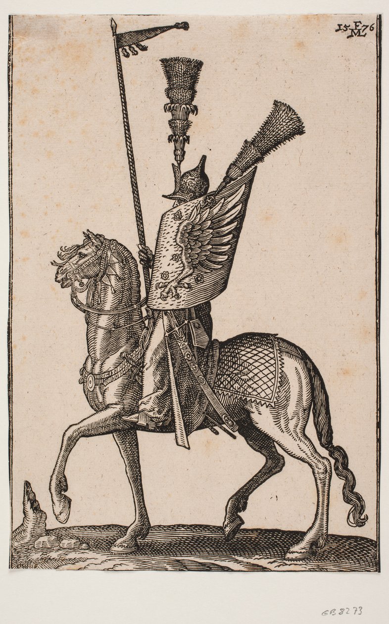 Montert soldat, profil til v.; lanse med vimpel, metallhjelm med svært høy fjære, skjold med ørnevinge og en ekstra høy fjære av Melchior Lorck