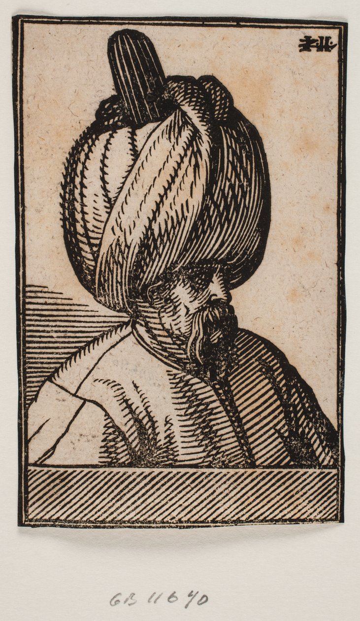Byste av skjeggete mann iført turban, 3/4 profil mot høyre av Melchior Lorck