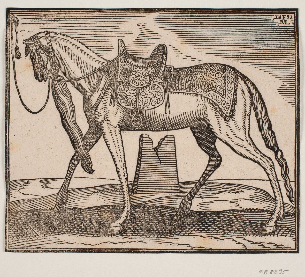 Elegant salhest, bundet av v. rammelinje, profil til v.; under hestens mage sees en ødelagt en av Melchior Lorck
