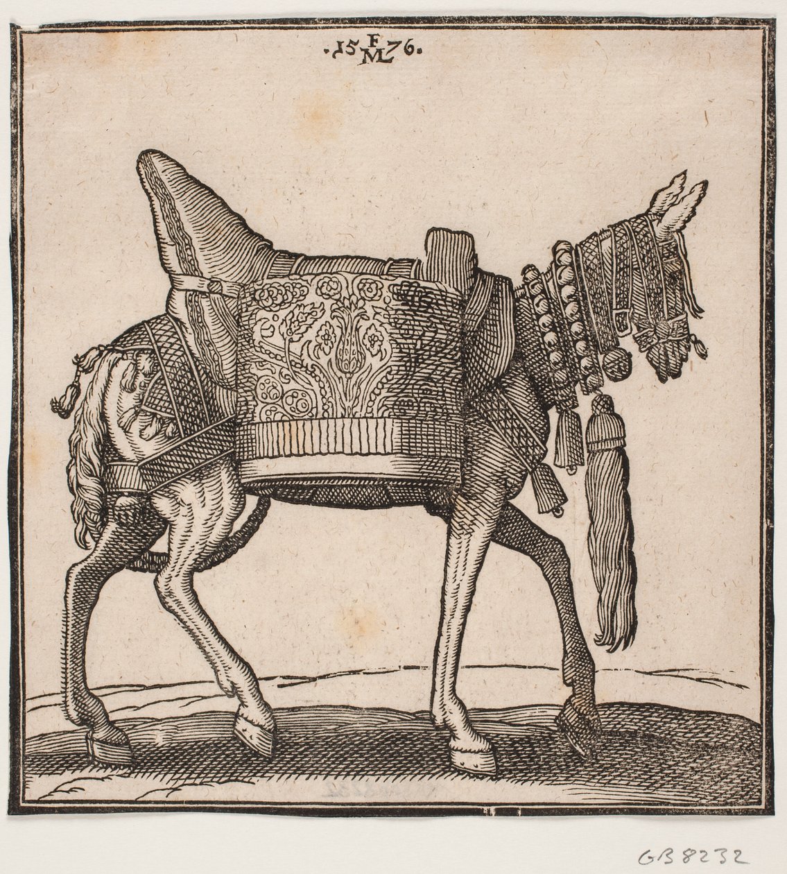 Et praktfullt utstyrt muldyr, profil mot h. av Melchior Lorck