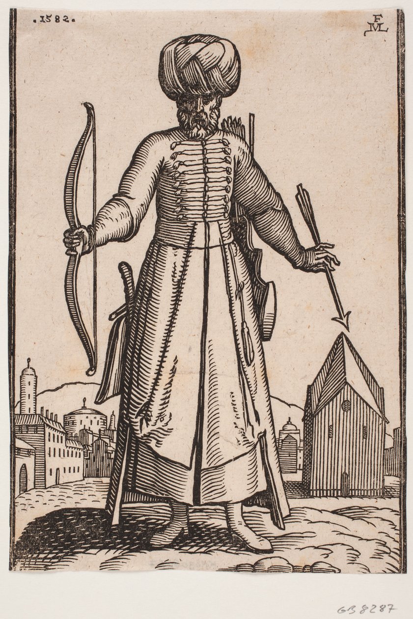 Forfra, turbanet soldat med utstrakte armer, stående på et åpent torg i en by; i r. hånd holder han en bue, i v. en pil; bak l. skulder et kogger, ved h. side en sabel av Melchior Lorck