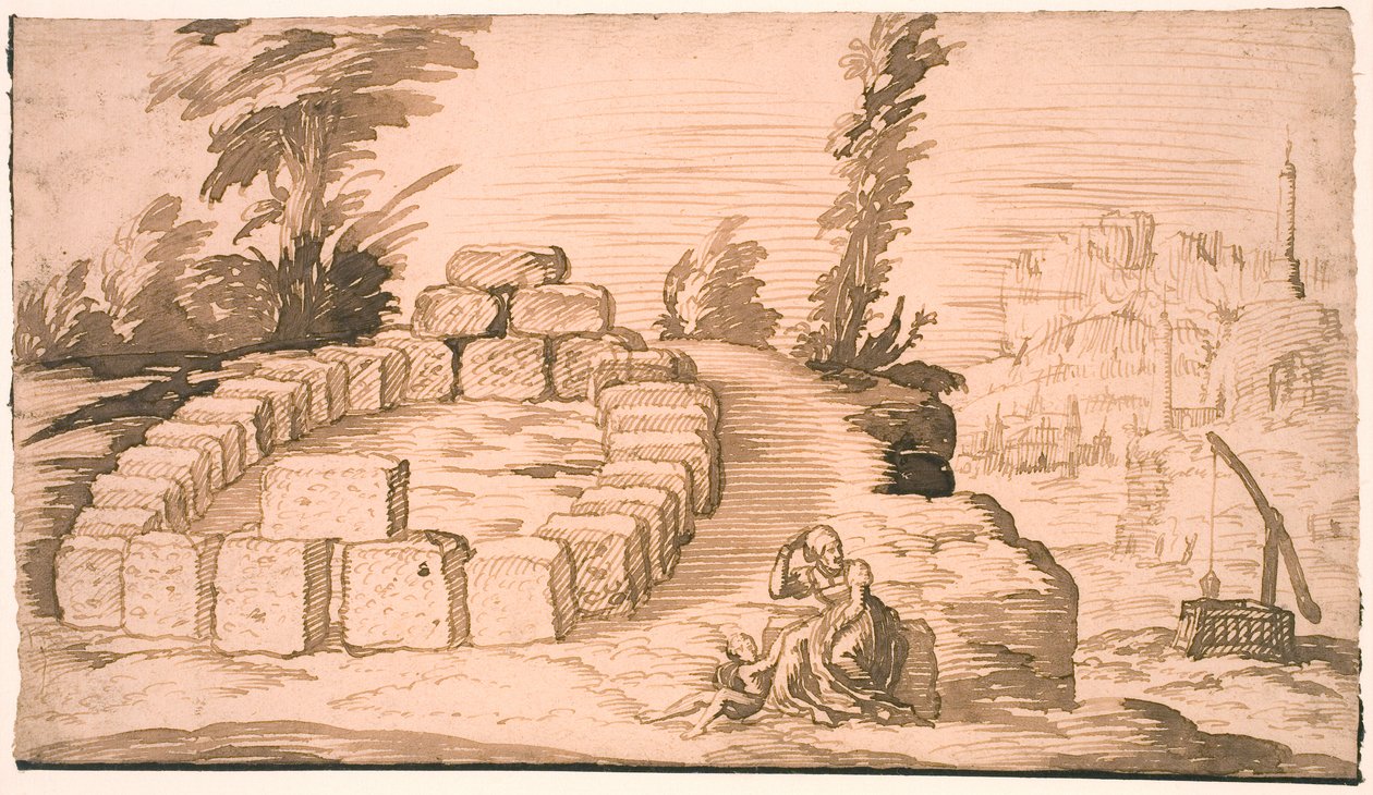Landskap med en steinsirkel og en gammel kvinne med et barn av Melchior Lorck
