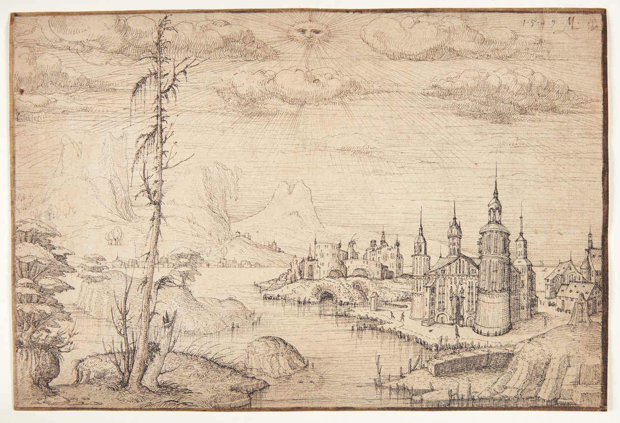 Landskap med en by av Melchior Lorck