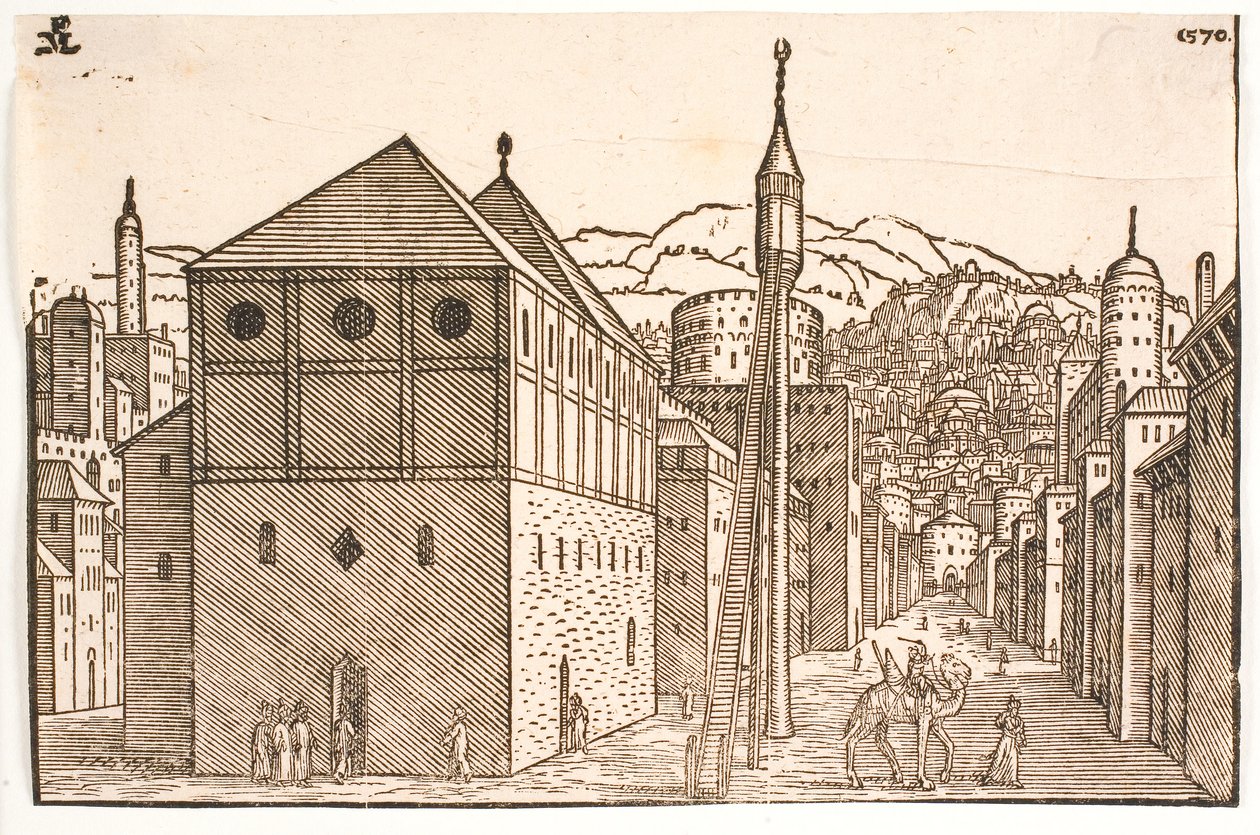 Moske med en frittstående minaret med utvendig trapp av Melchior Lorck