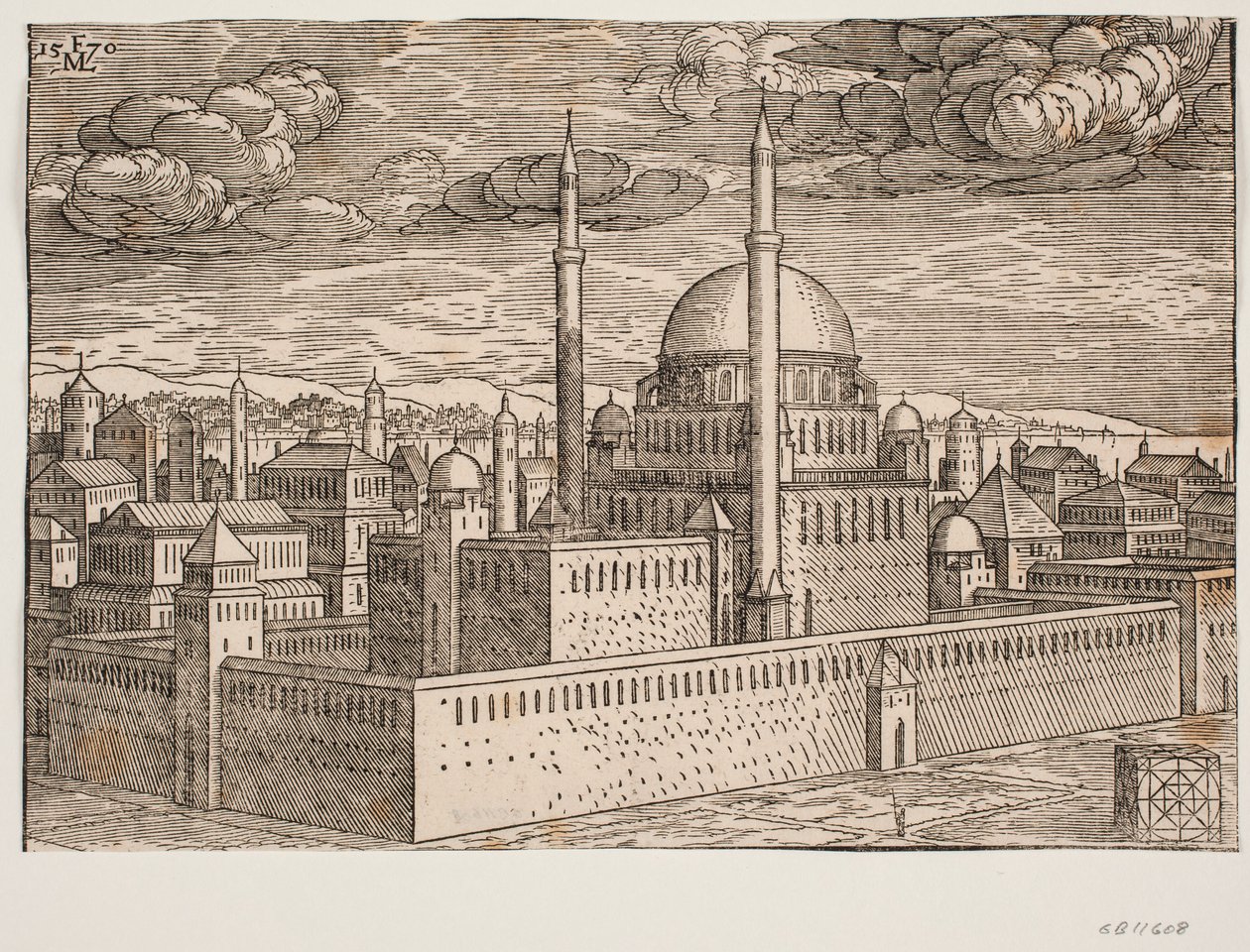 Moske, med to minareter, sett fra nordvest; på den andre siden av vannet kan Galata sees? I nedre høyre hjørne er det en kubisk formet stein, på hvilken en firkantet geometrisk figur er etset, en figur som antagelig viser av Melchior Lorck