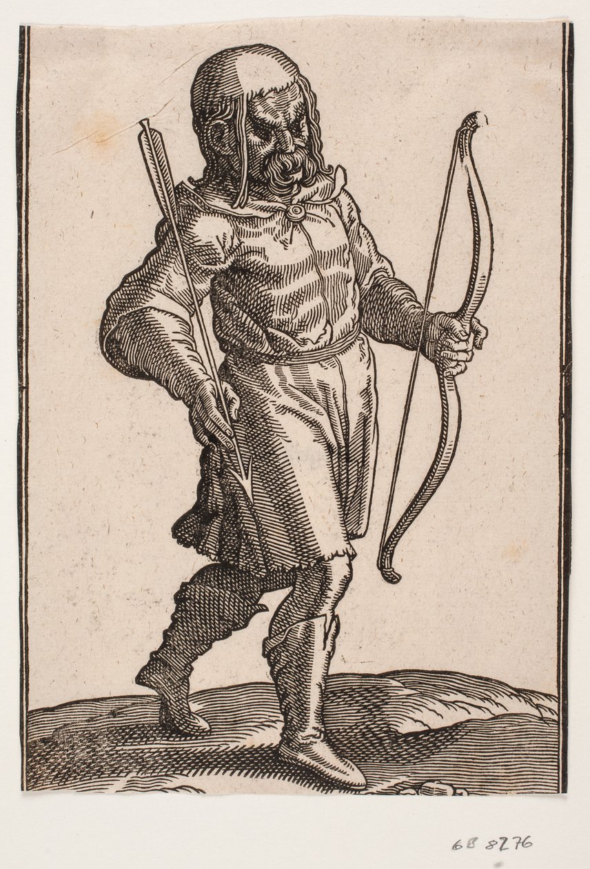 Soldat, går mot h.; støvler og knekort dress; i v. hånd en bue, i h. hånd en pil av Melchior Lorck