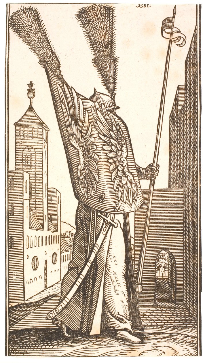 Stående soldat med et skjold dekorert med ørnevinger og en hjelm utsmykket med en enorm skyte av Melchior Lorck