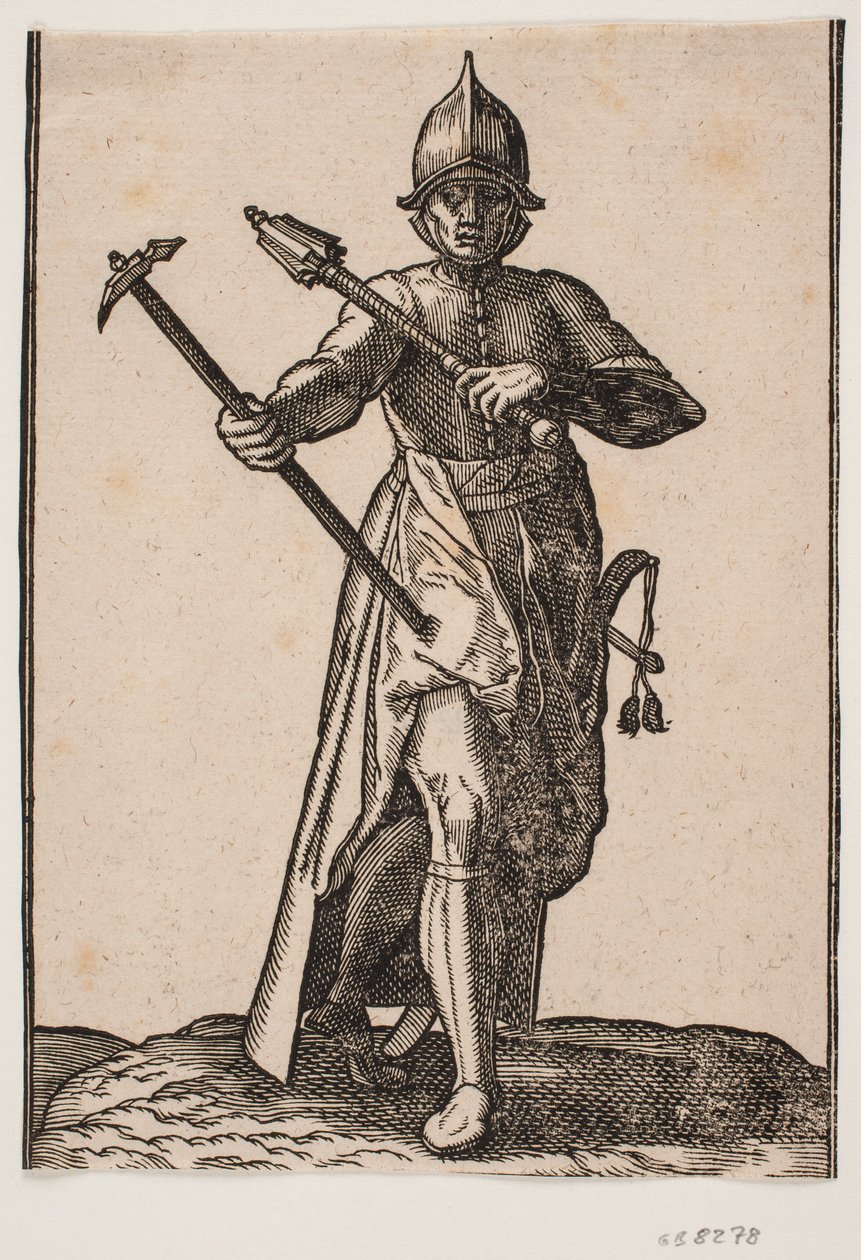 Stående soldat med hjelm, sett forfra; i r. hånd en krigshammer, i v. hånd en krigskølle, bakbein og fot forvrengt i forhold til fronten; ved v. side et sverd av Melchior Lorck