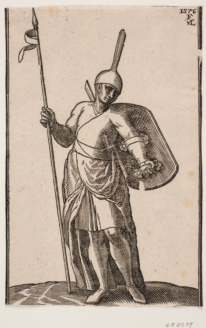 Stående soldat, sett forfra; hodeplagg med høy, tynn topp; i r. hånd et spyd, på l. arm et skjold, sett fra innsiden av Melchior Lorck