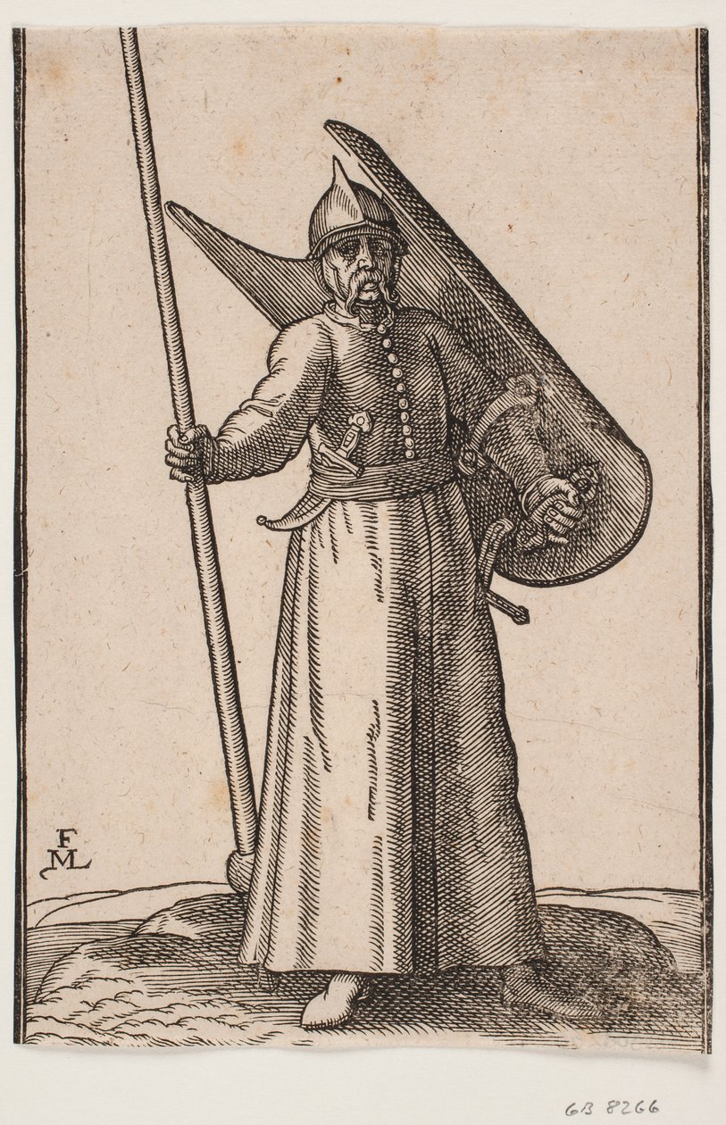Stående soldat med hjelm på hodet; i r. hånd en lanse, hvis topp er utenfor øvre rammelinje; på v. arm et buet skjold, sett innenfra; i beltet under r. armen en buet dolk, ved v. siden et sverd av Melchior Lorck
