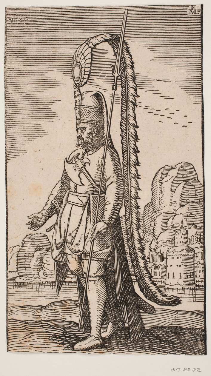 Stående soldat ved en steinete strand, bortenfor vannet en by; hodeplagget hans er utsmykket med en ekstremt lang sky av Melchior Lorck
