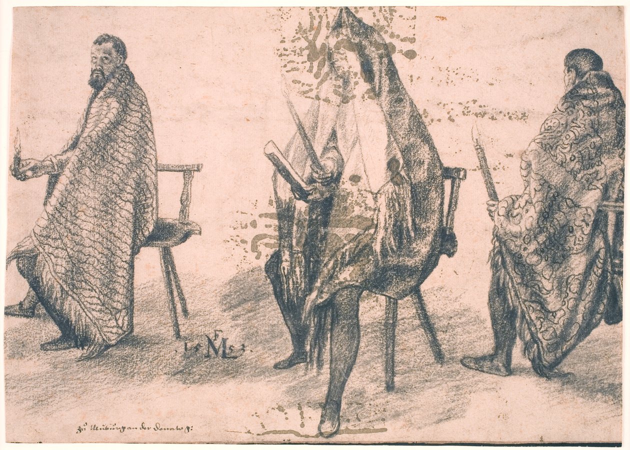 Tre sittende menn, hver holder et lys i hånden av Melchior Lorck