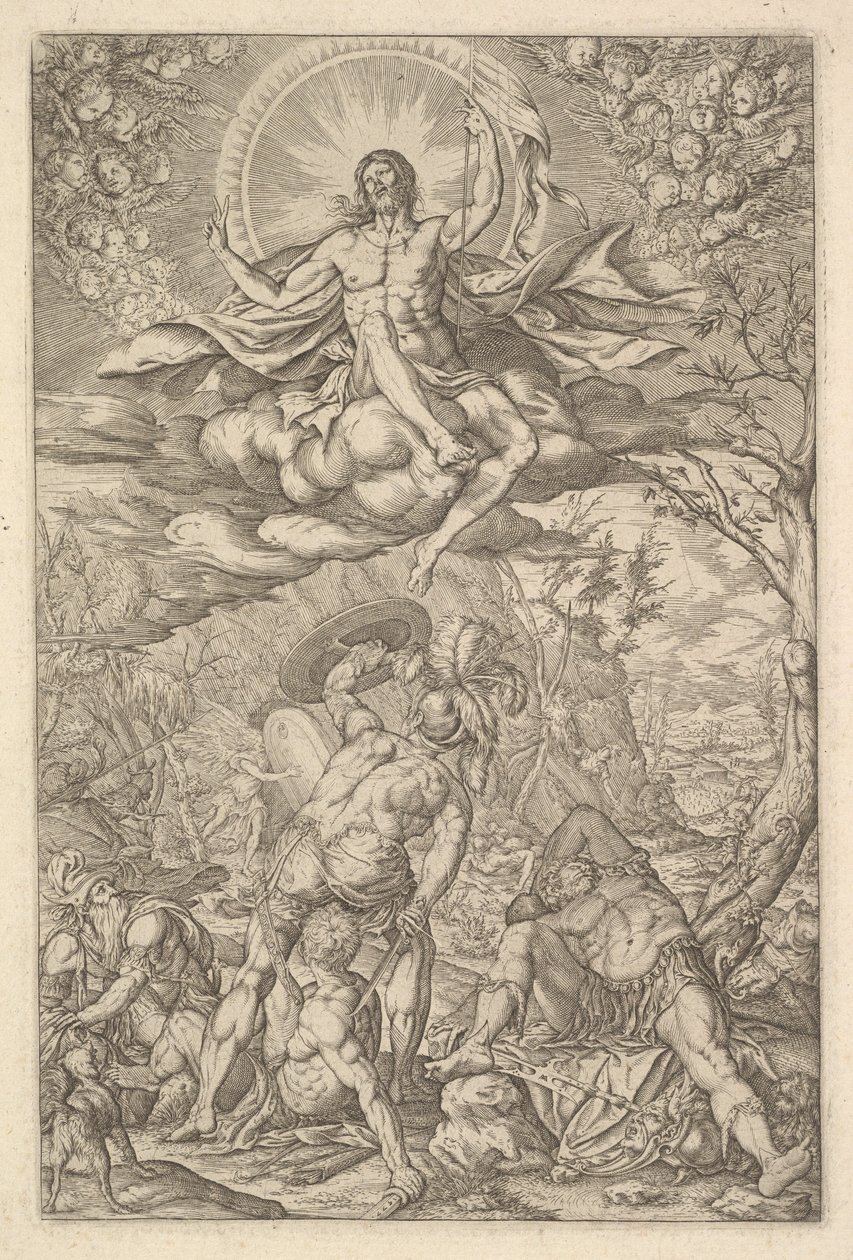 Kristi oppstandelse, omsluttet av en aureole og skyer med linjer med bevingede putti til..., 1577. av Melchior Meier