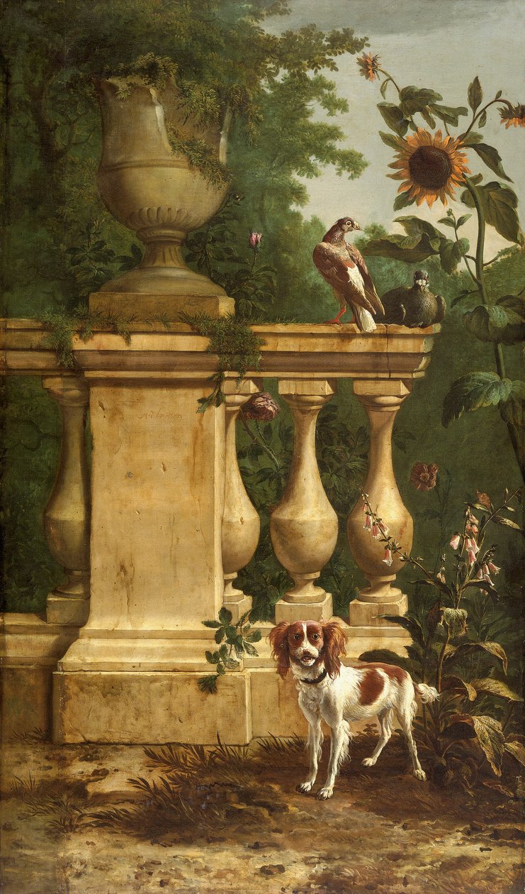 Duer og en hund i en hage, c1660-1690. av Melchior d