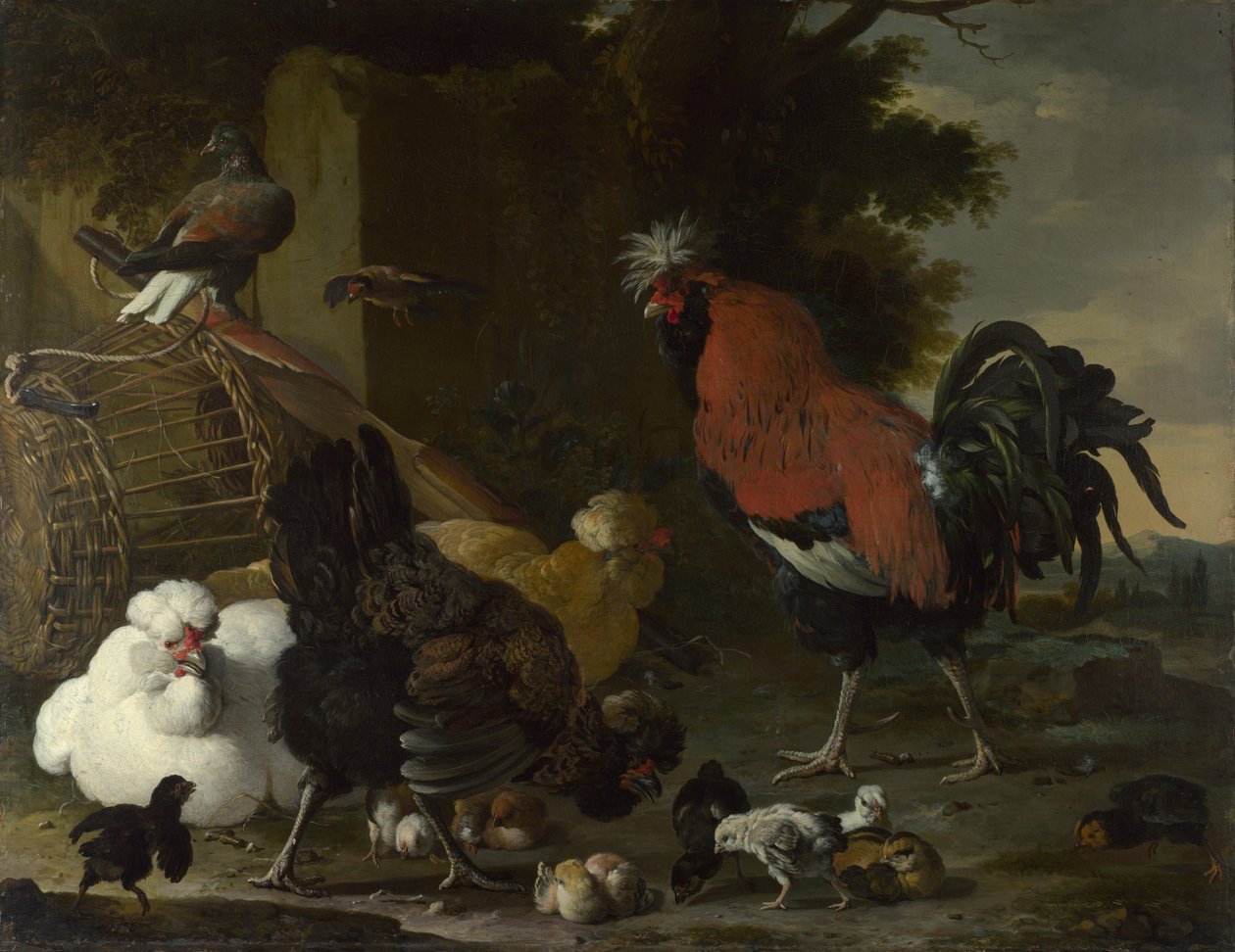 En hane, høner og kyllinger, ca 1668-1670 av Melchior de Hondecoeter