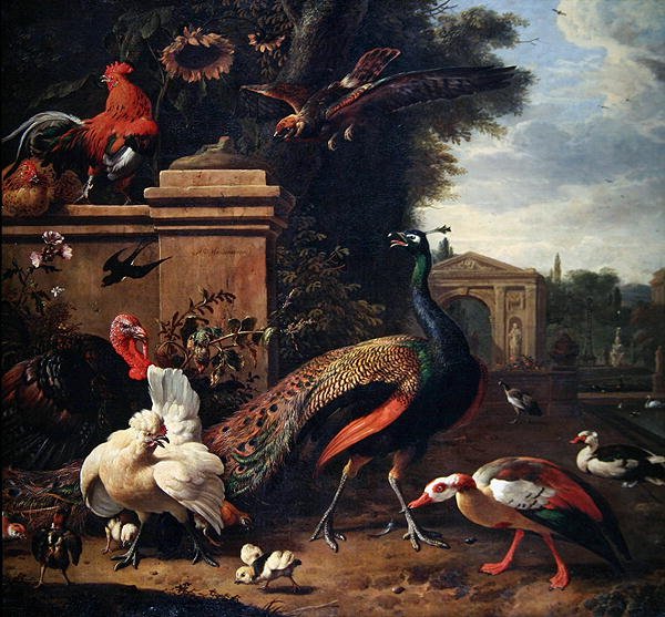 A Peacock, a Hawk and Diverse Fowl and Ducks in a Park (olje på lerret) av Melchior de Hondecoeter
