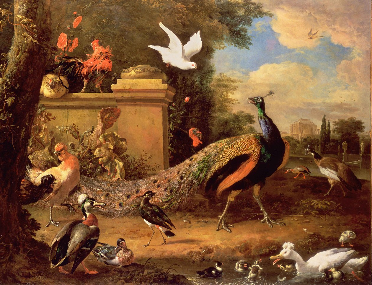 Påfugler og andre fugler ved en innsjø av Melchior de Hondecoeter