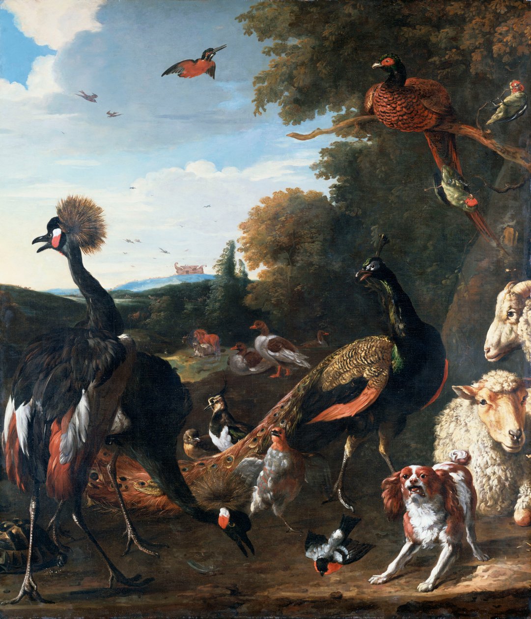Påfugler og andre fugler, med sau og hund i et landskap av Melchior de Hondecoeter