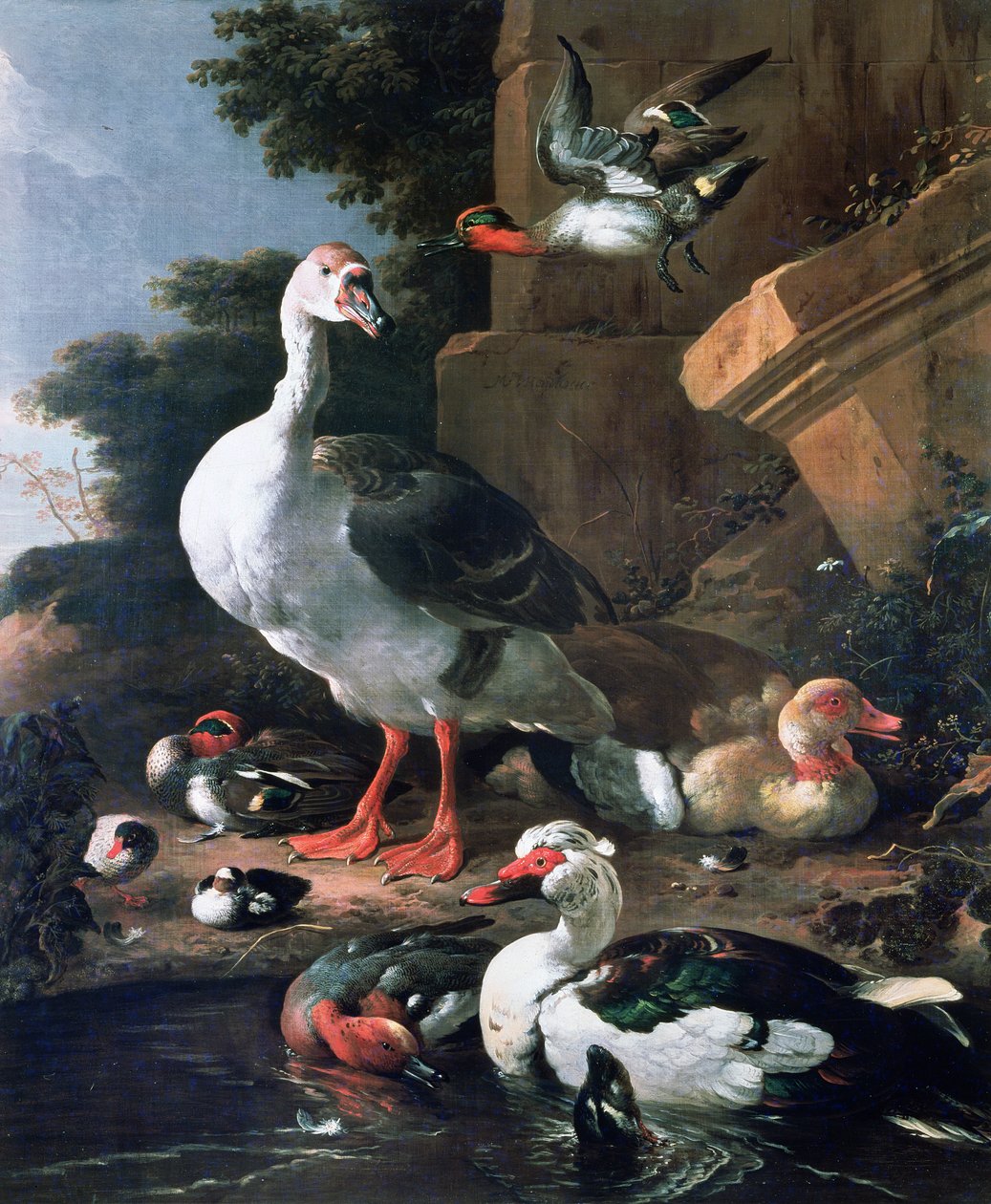 Vannfugler i et klassisk landskap, 1600-tallet av Melchior de Hondecoeter
