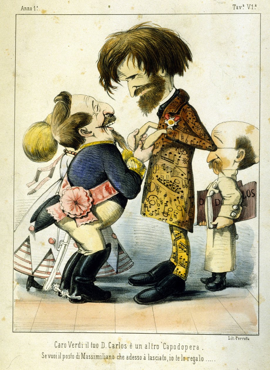 Tegneserie om Giuseppe Verdi og Napoleon III etter operaen Don Carlos i Paris i 1867. Karikatur av Melchiorre Delfico. Privee Milan Collection av Melchiorre Delfico