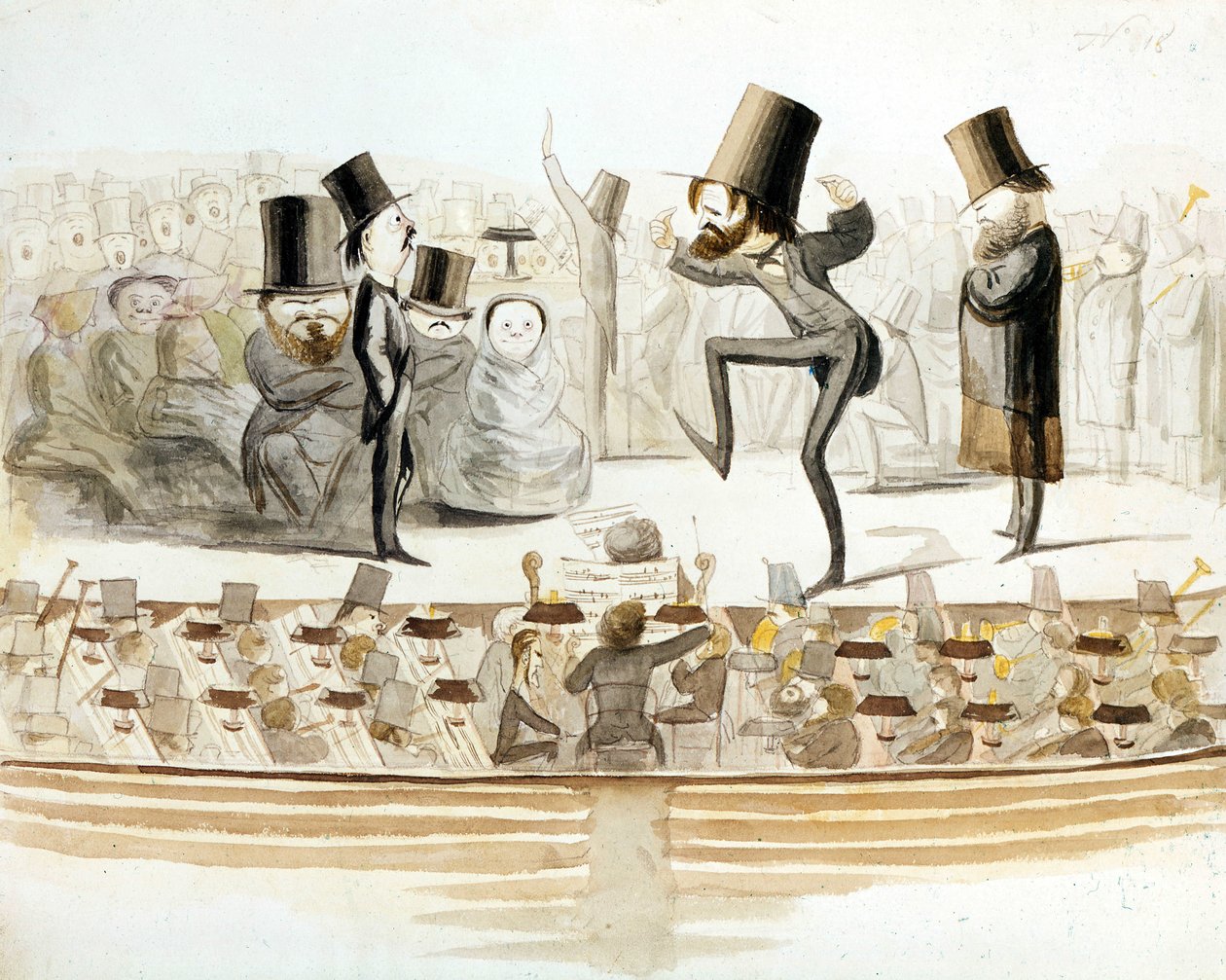 Giuseppe Verdi (1813-1901), italiensk komponist med repetisjoner av «Un ballo in Maschera» (Un Bal masque) med tenor Fraschini og sopranen Fioretti. Tegneserie av Melchiorre Delfico. Milanese. av Melchiorre Delfico